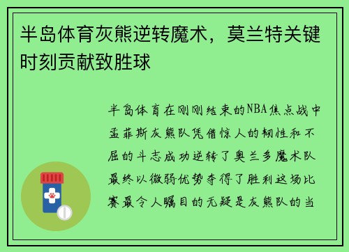 半岛体育灰熊逆转魔术，莫兰特关键时刻贡献致胜球