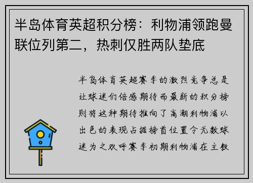 半岛体育英超积分榜：利物浦领跑曼联位列第二，热刺仅胜两队垫底