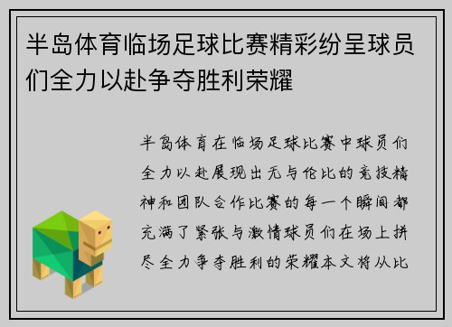 半岛体育临场足球比赛精彩纷呈球员们全力以赴争夺胜利荣耀