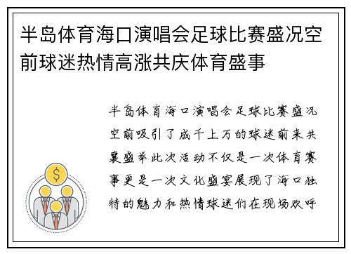 半岛体育海口演唱会足球比赛盛况空前球迷热情高涨共庆体育盛事