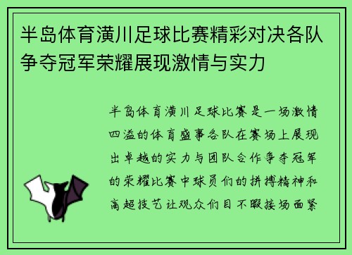 半岛体育潢川足球比赛精彩对决各队争夺冠军荣耀展现激情与实力