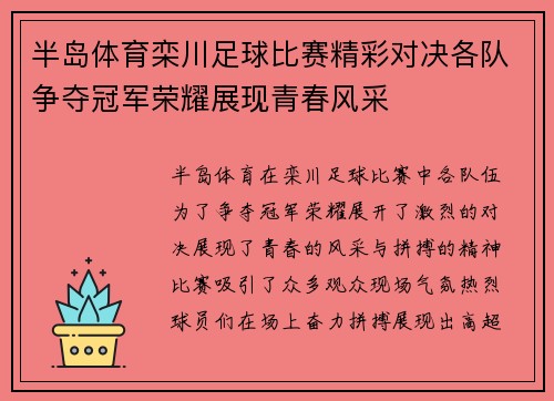 半岛体育栾川足球比赛精彩对决各队争夺冠军荣耀展现青春风采