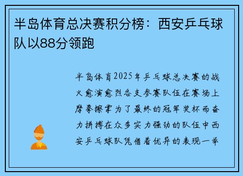 半岛体育总决赛积分榜：西安乒乓球队以88分领跑