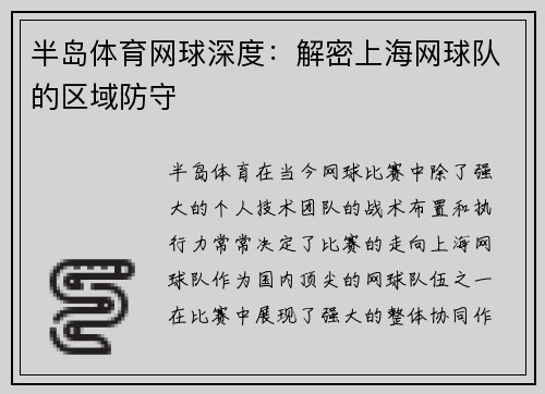 半岛体育网球深度：解密上海网球队的区域防守