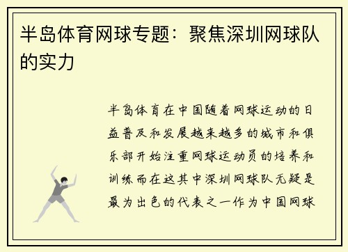 半岛体育网球专题：聚焦深圳网球队的实力